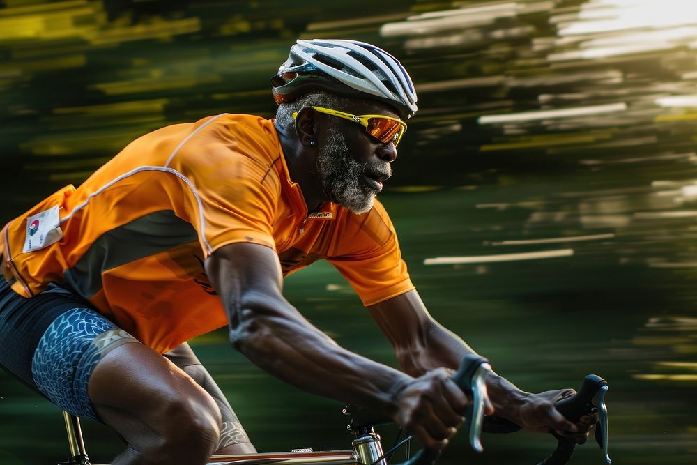 A senior black man sprints on his road bike training for a race transportation bicycle cycling.