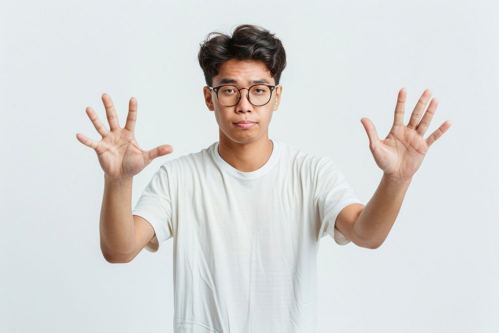 Asian male showing forbid gesture photo photography surprised.