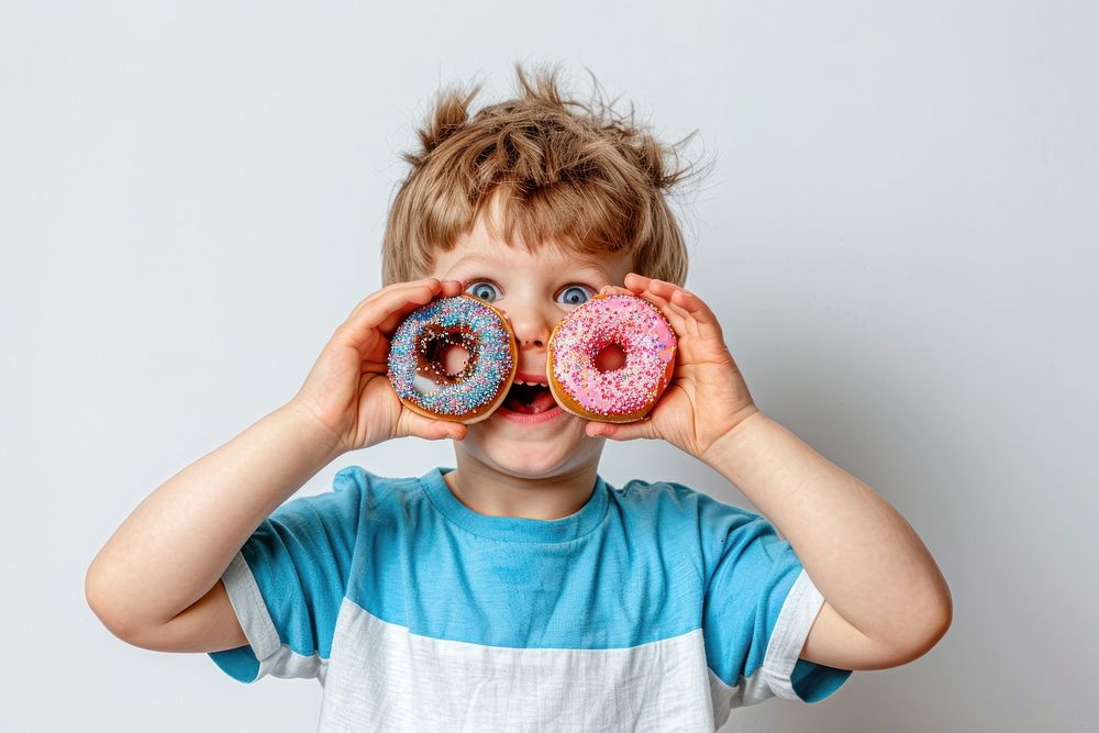 Child holds donuts as two eyes food person biting.