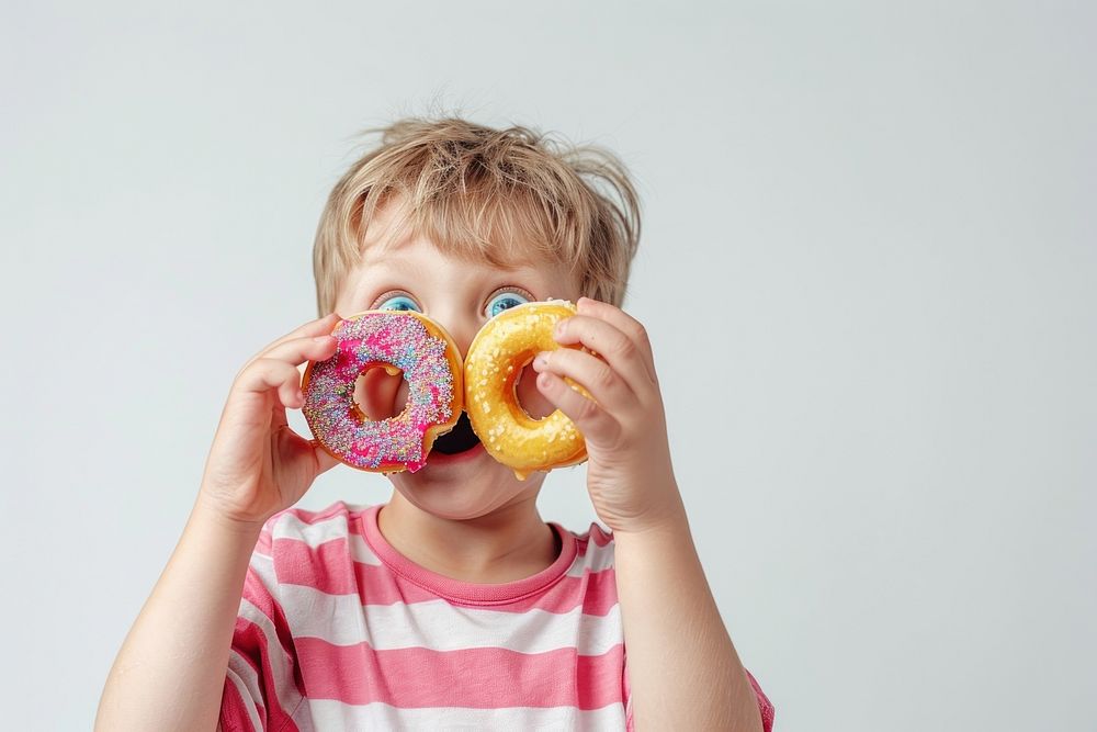 Child holds donuts as two eyes eating food biting.