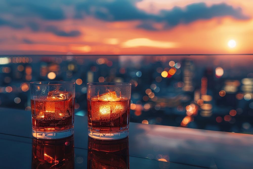 Cocktail glasses with city view cocktail beverage outdoors.