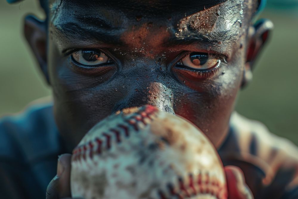 Close up of an African American baseball player who is ready to mash the ball softball sweating sports.