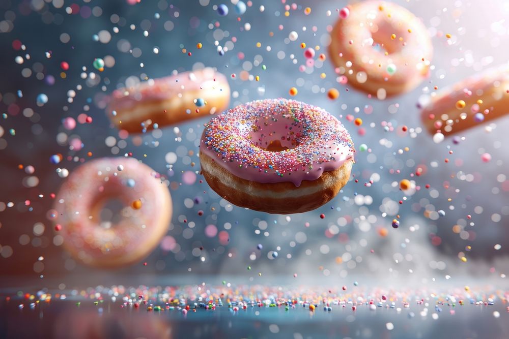 Donuts with sprinkles flying donut confectionery sweets.