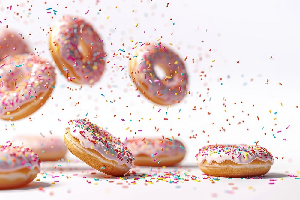 Donuts with sprinkles flying donut confectionery sweets.