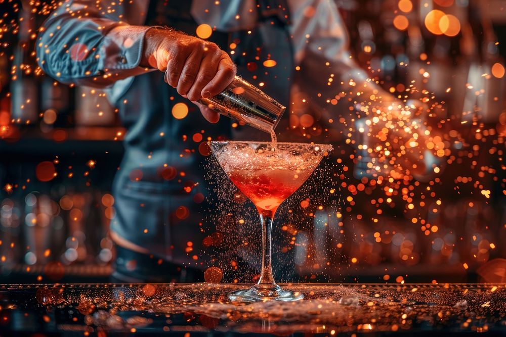 Expert barman is making cocktail at night club cooking.