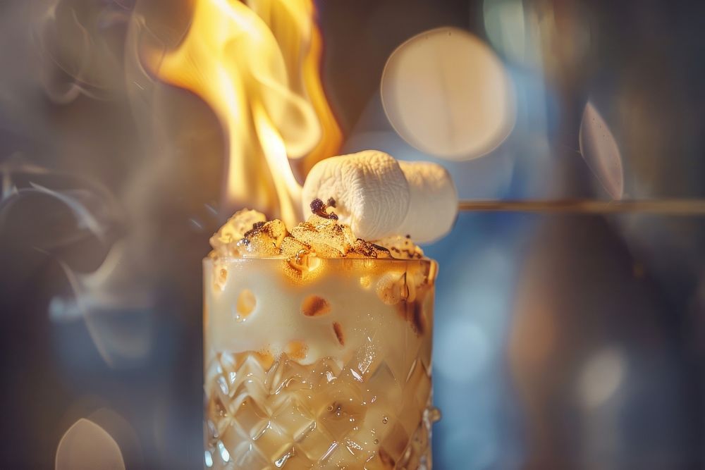 Flame torch burning a marshmallow on a raw Honey Lemon drinks beverage dessert person.