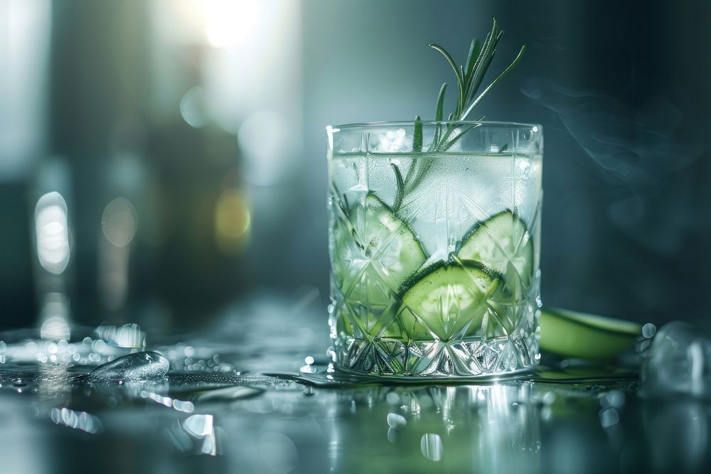 Gin Tonic with rosemary and cucumber cocktail beverage alcohol.