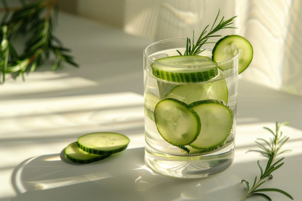 Gin Tonic with rosemary and cucumber vegetable beverage produce.