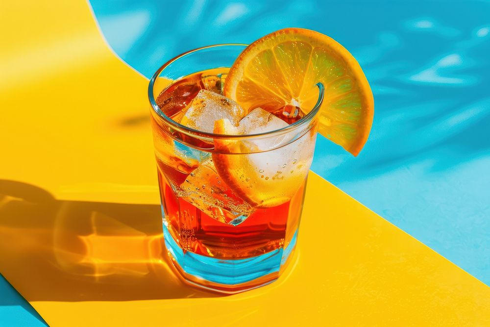Negroni cocktail on a graphic blue and yellow background with defined shadow beverage alcohol drink.