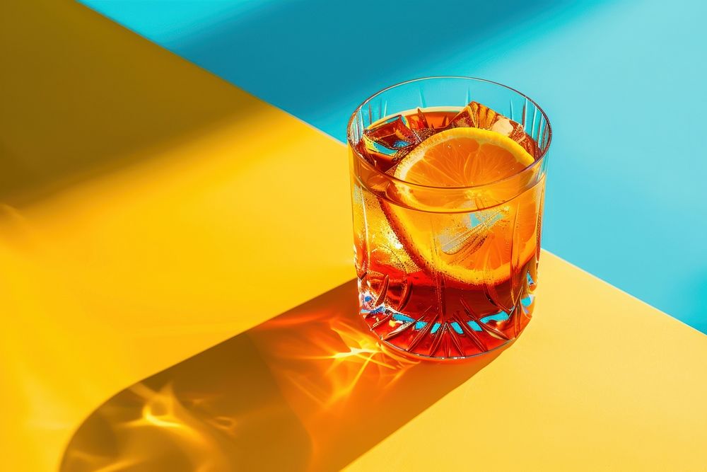 Negroni cocktail on a graphic blue and yellow background with defined shadow beverage alcohol drink.