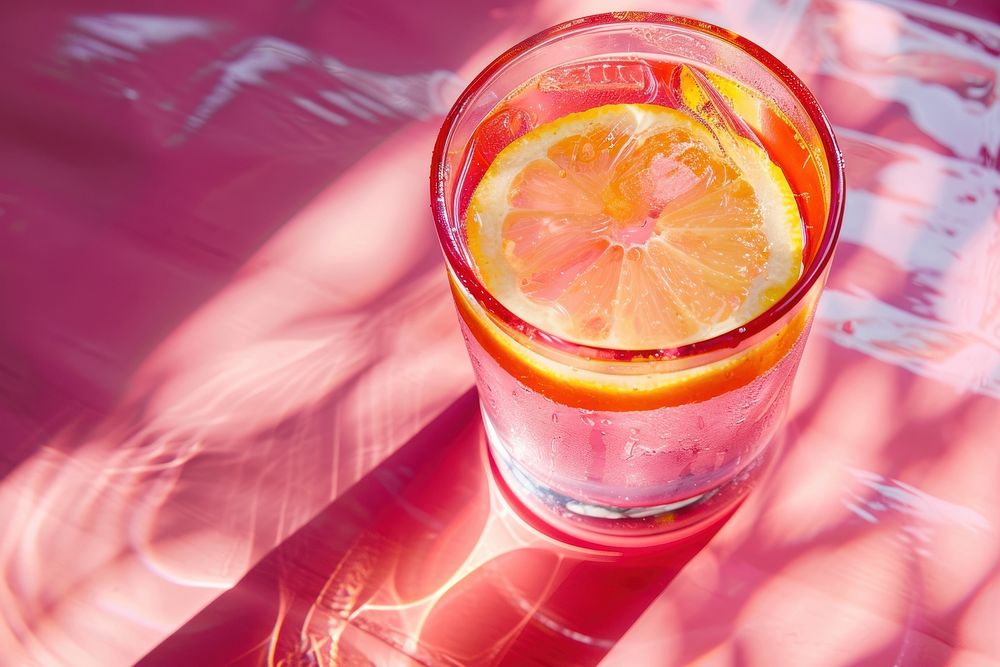 Pink drink with a slice of lemon cocktail grapefruit beverage.