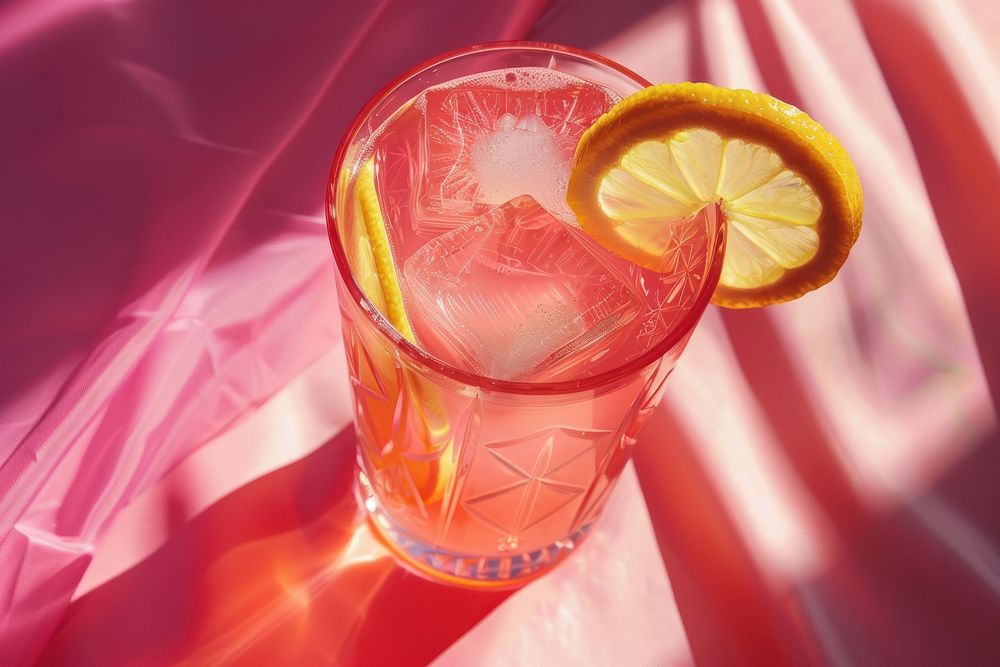 Pink drink with a slice of lemon cocktail beverage lemonade.