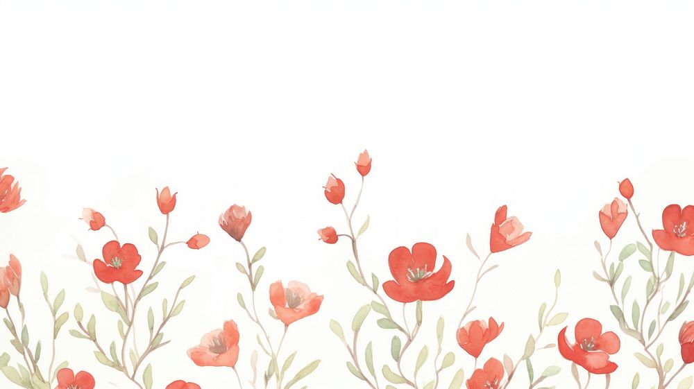 Red flowers as divider watercolor graphics painting pattern.