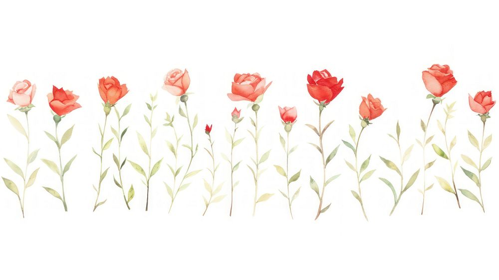Red roses as divider watercolor graphics blossom pattern.