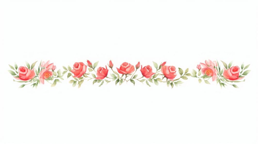 Red roses as divider watercolor embroidery graphics pattern.