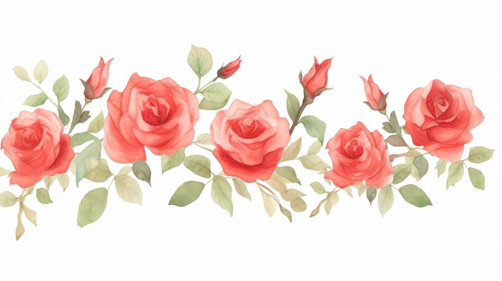 Red roses as divider watercolor graphics painting blossom.