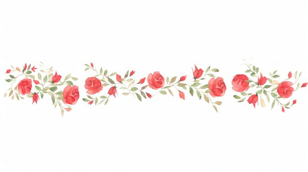 Red roses as divider watercolor embroidery graphics pattern.