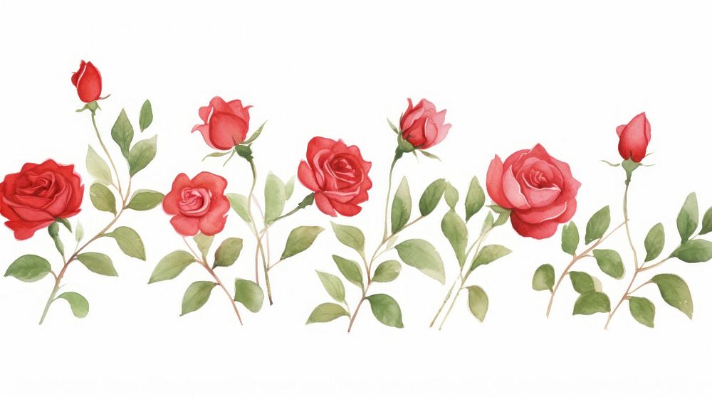 Red roses as divider watercolor graphics blossom pattern.