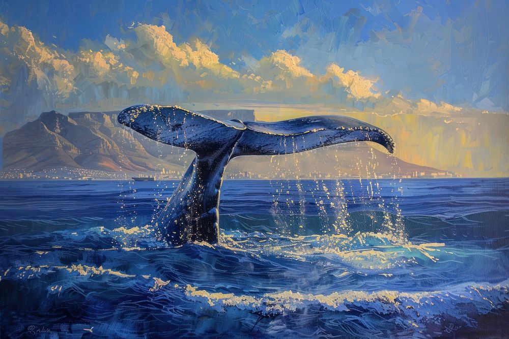 Seascape with blue Whale tail whale animal mammal.