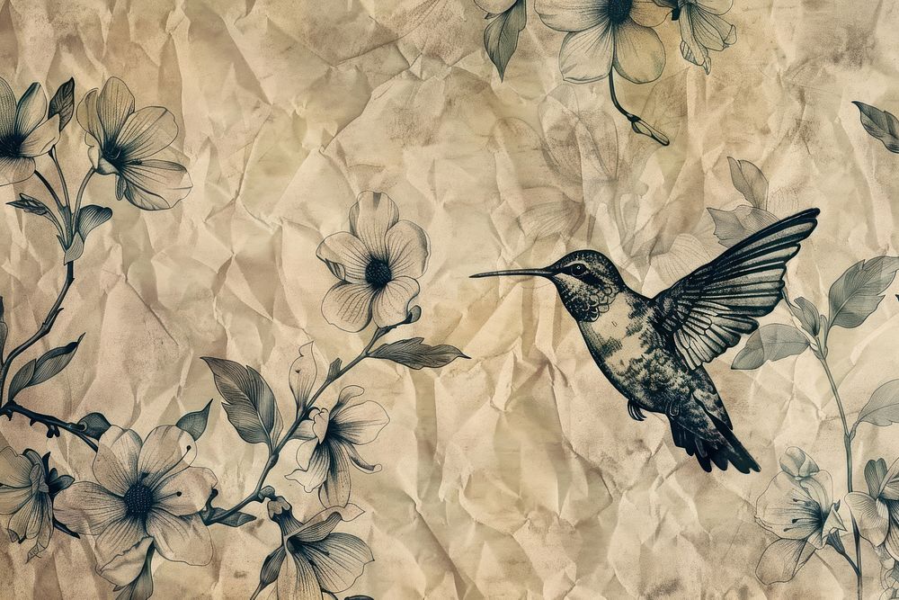 Sketch pattern with hummingbird and flowers animal art.