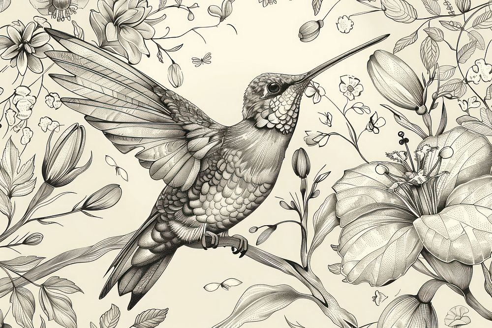 Sketch pattern with hummingbird and flowers sketch illustrated drawing.