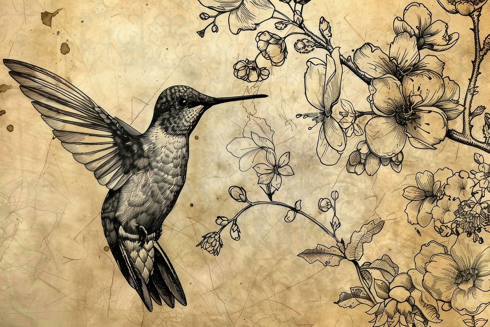 Sketch with hummingbird and flowers sketch illustrated drawing.