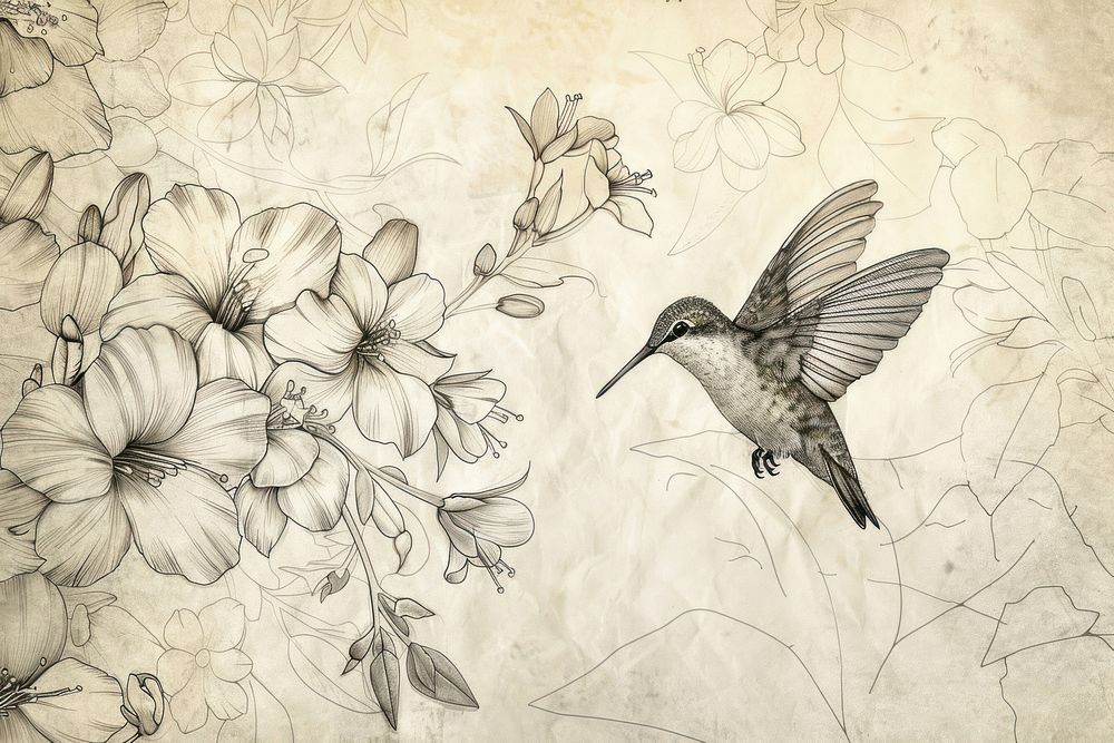 Sketch with hummingbird and flowers sketch illustrated drawing.