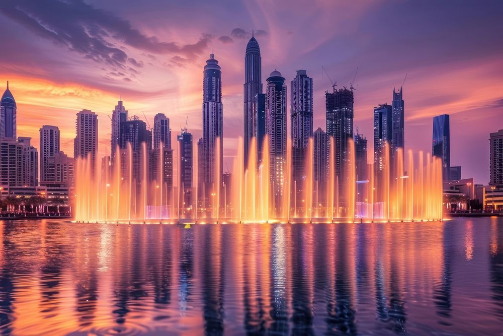 Singing fountains in Dubai architecture cityscape landscape.