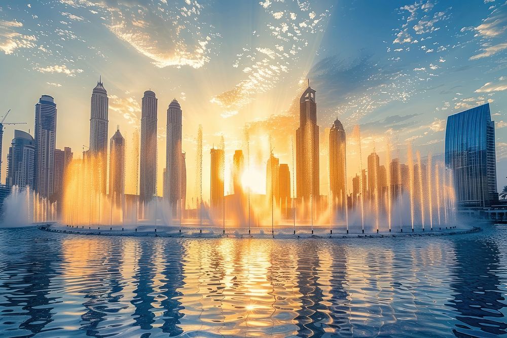 Singing fountains in Dubai architecture construction metropolis.
