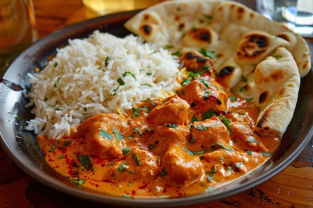 Tikka masala curry plate food meat.