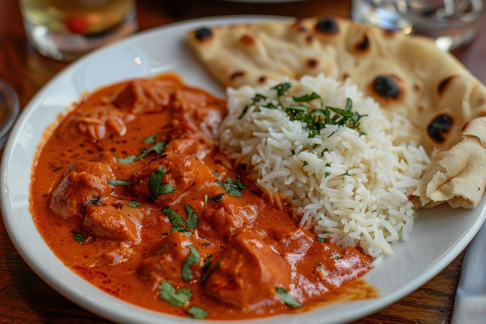 Tikka masala curry plate mutton food.