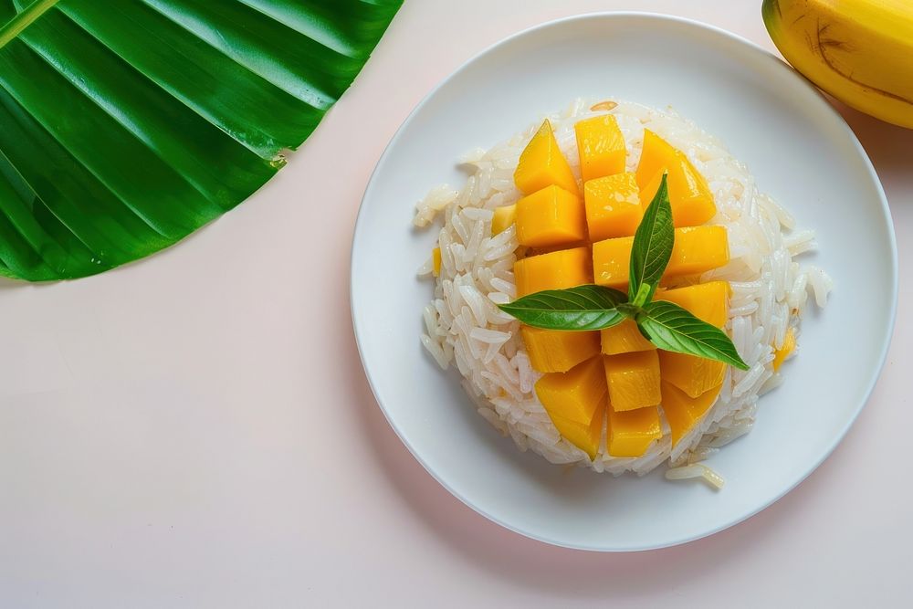 Mango sticky rice produce plate fruit.