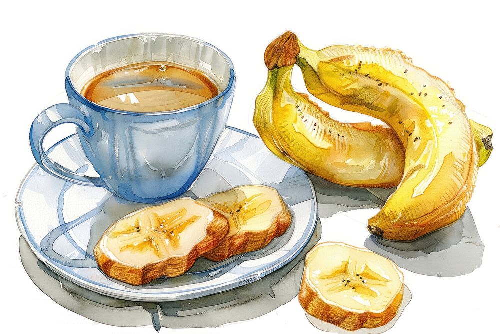 Banana pancakes beverage produce coffee.