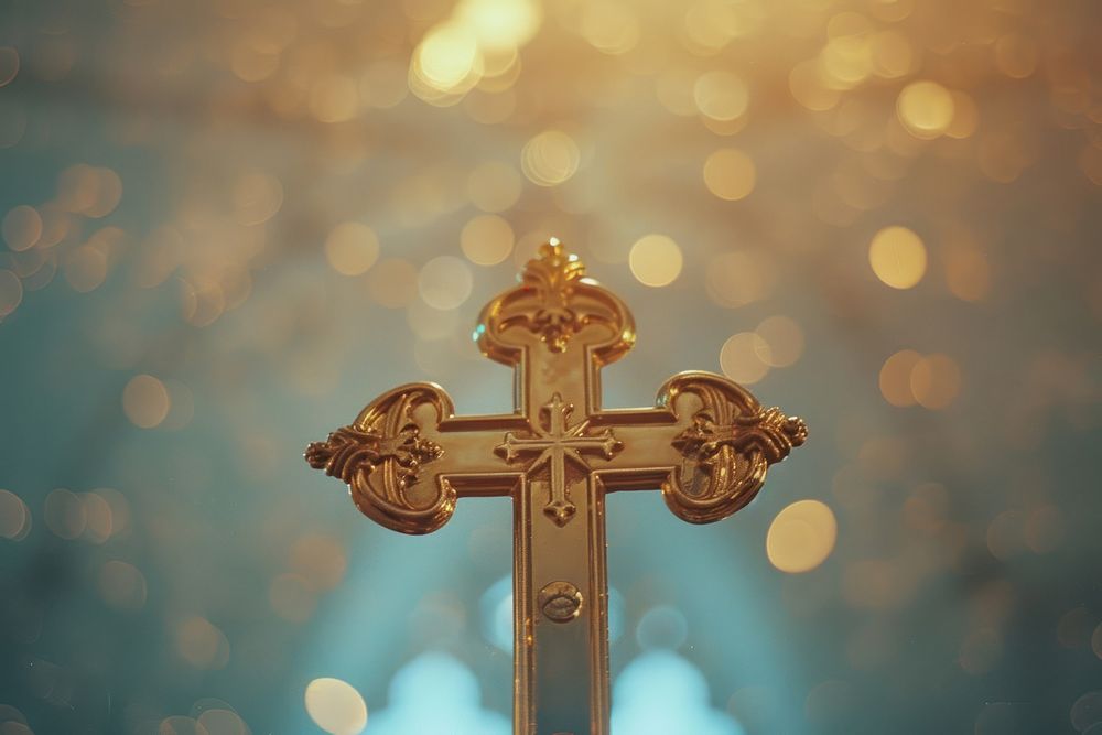 Golden chirstian cross crucifix symbol.