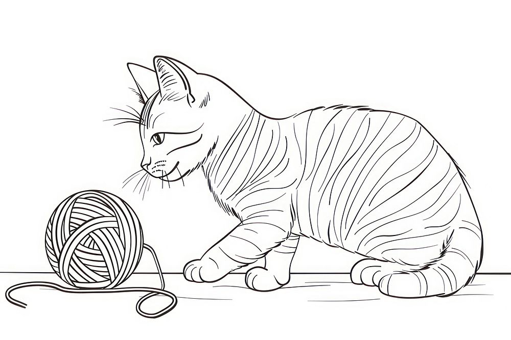 Continuous line drawing cat and yarn ball art illustrated sketch.