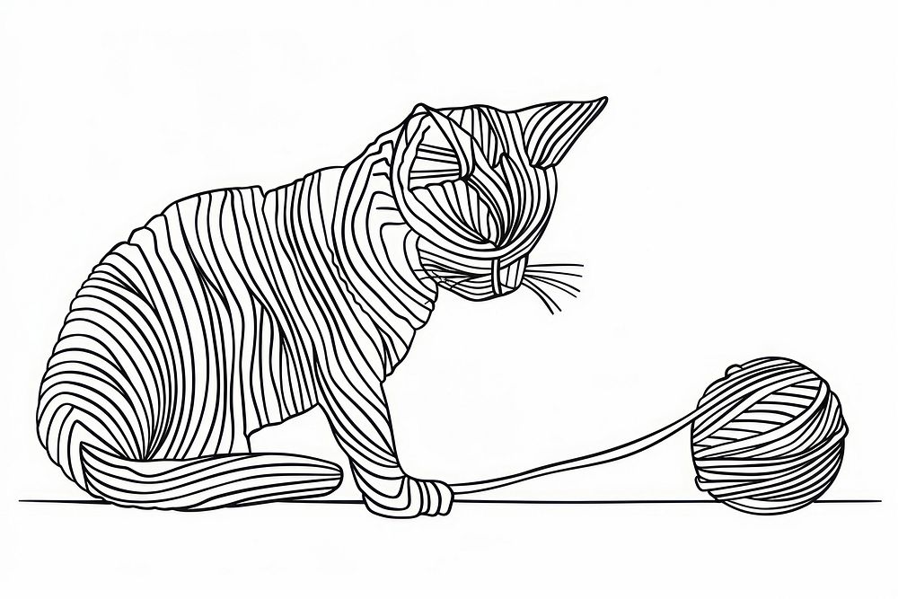 Continuous line drawing cat and yarn ball art illustrated wildlife.