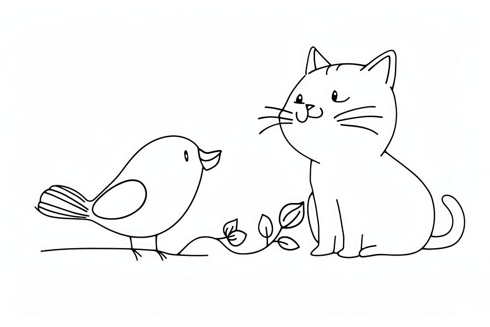 Continuous line drawing cute cat and bird art illustrated sketch.