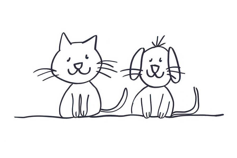 Continuous line drawing cute cat and dog art illustrated sketch.