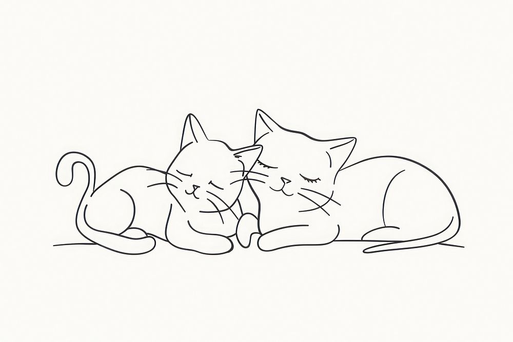 Continuous line drawing cute cat and kitten art illustrated sketch.