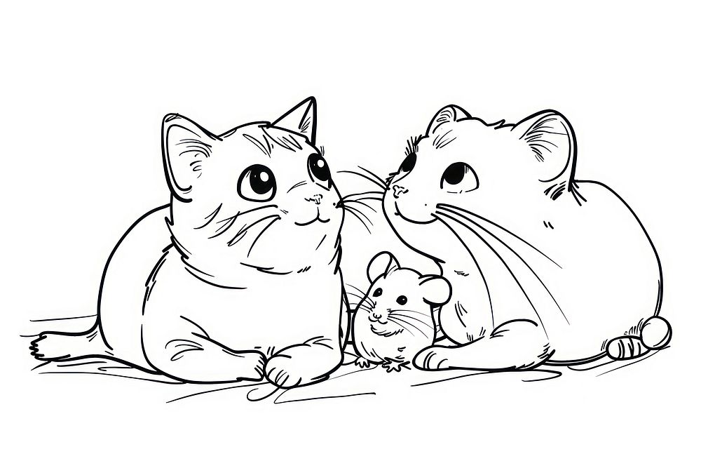 Continuous line drawing cute cat and hamster art illustrated sketch.