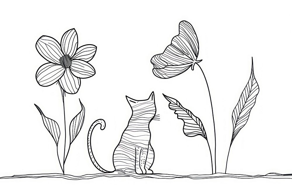Continuous line drawing flower and cat art illustrated blossom.