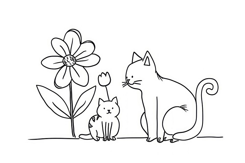 Continuous line drawing flower and cat art illustrated kangaroo.