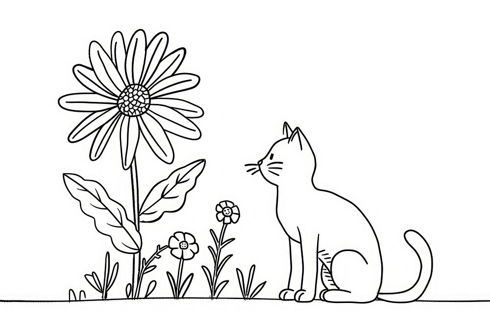Continuous line drawing flower and cat art illustrated asteraceae.