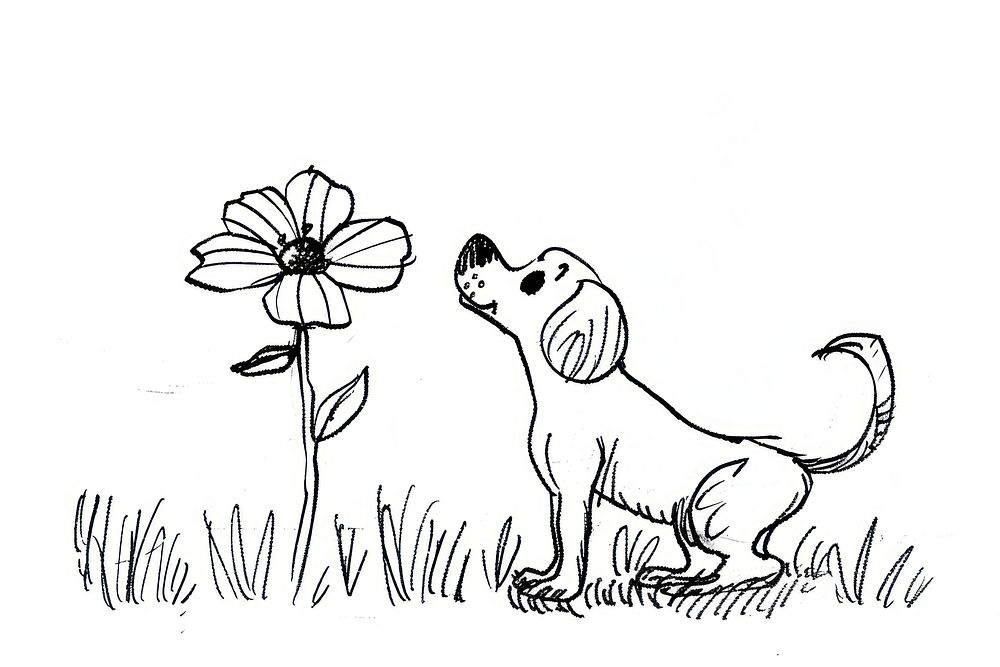Continuous line drawing flower and dog art illustrated asteraceae.