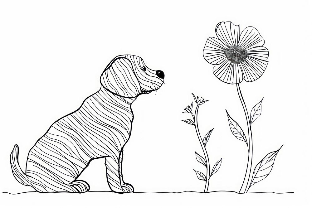 Continuous line drawing flower and dog doodle art illustrated.