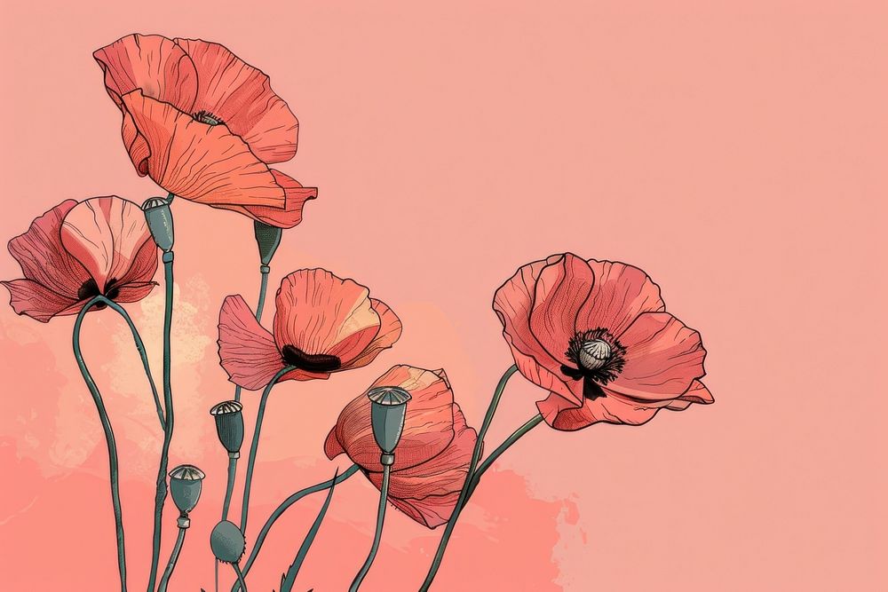 Poppy flowers art illustrated blossom.