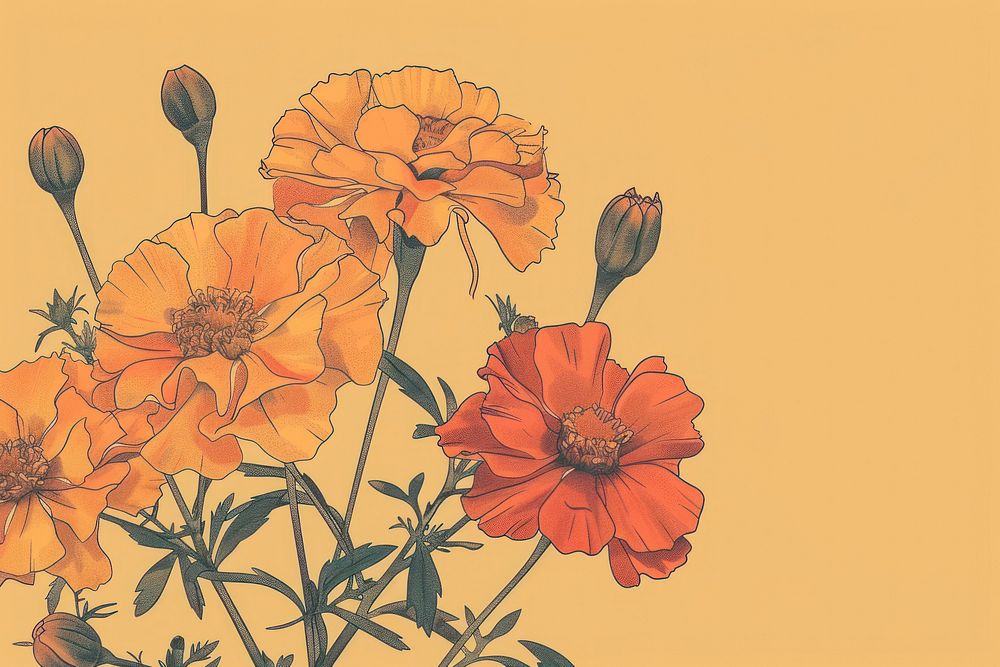 Marigold flowers art illustrated asteraceae.