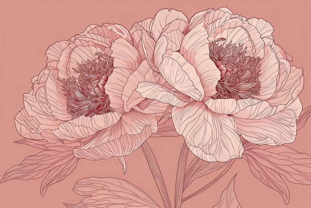 Peony flowers art illustrated drawing.