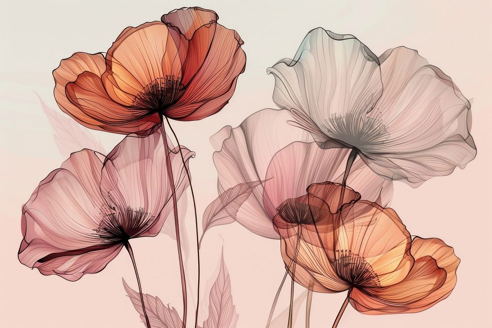 Poppy flowers art illustrated drawing.