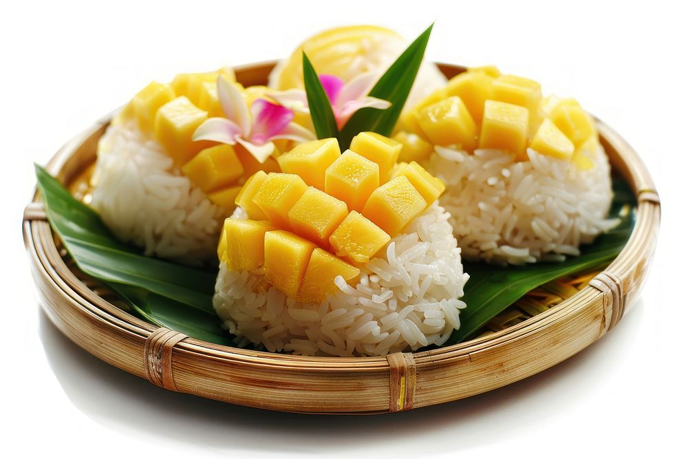Mango sticky rice produce plate grain.